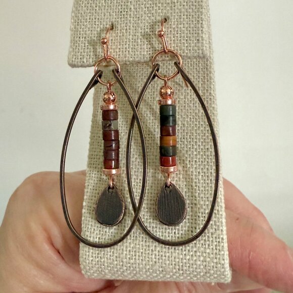 Copper Drop Hoop Teardrop Earrings Multicolor Beads Boho Earthy Indie Artistic - Picture 5 of 8